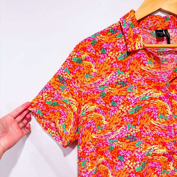SIMONS Orange and pink cropped floral shirt | Short sleeve viscose | Small * - Picture 3 of 6